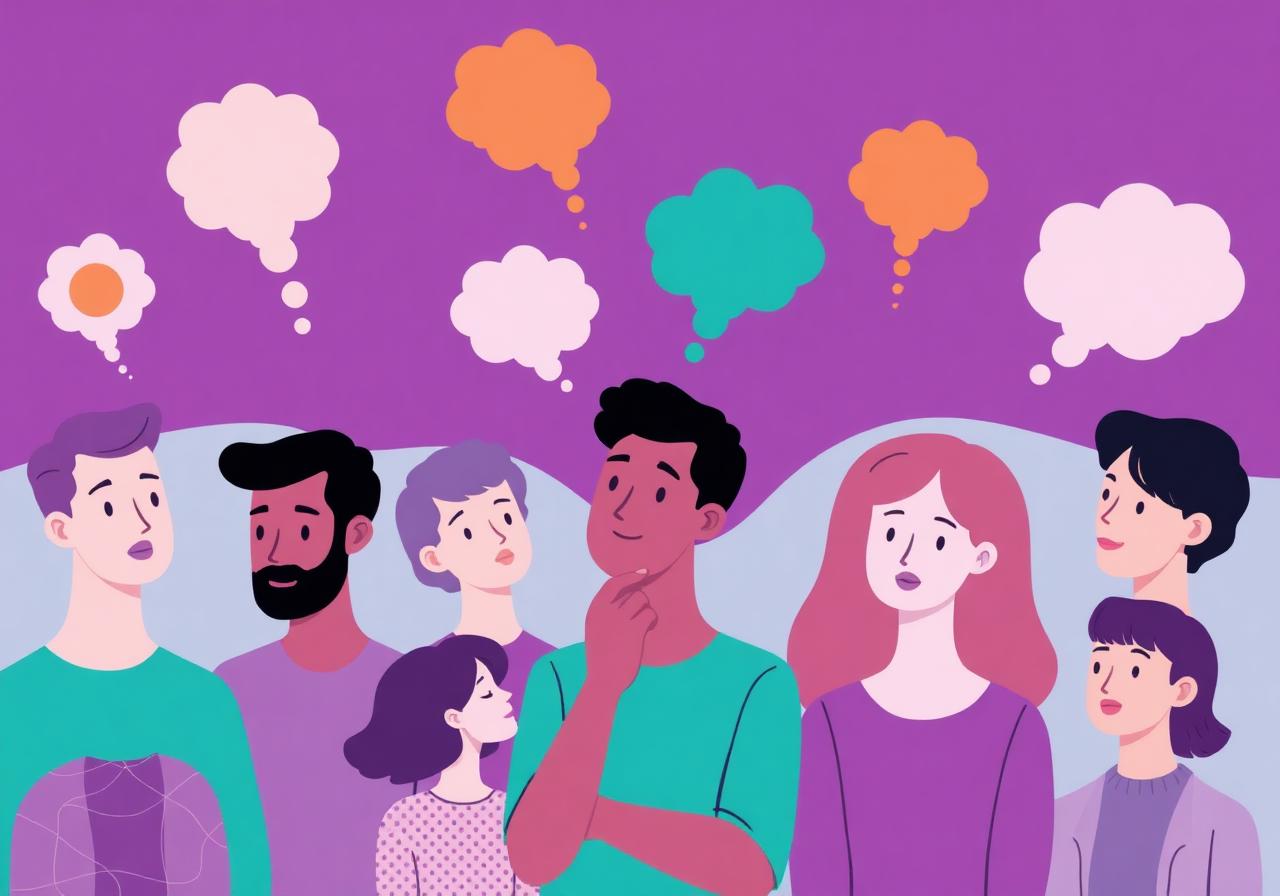 Diverse adults with colorful thought bubbles representing AuDHD traits